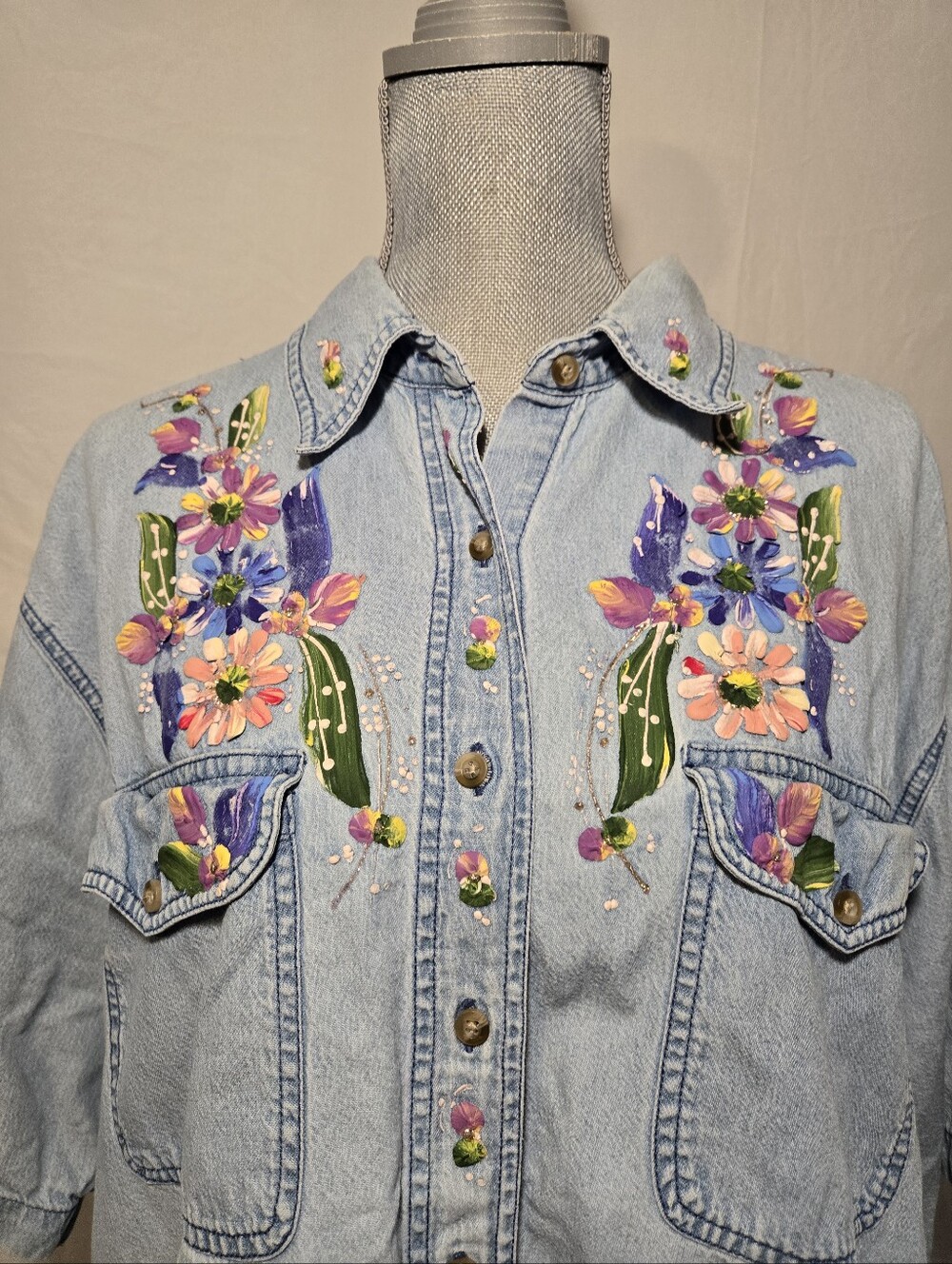 Vintage Lasha Painted 3D Short Sleeve Denim Top Shirt US Womens Plus Size 2X
